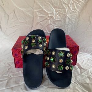 Tory Burch Vail Embellished Leather Slide Sandals